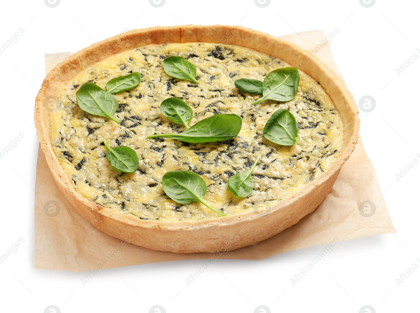 Photo of Delicious homemade spinach pie isolated on white