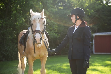 Young woman in horse riding suit and her beautiful pet outdoors on sunny day