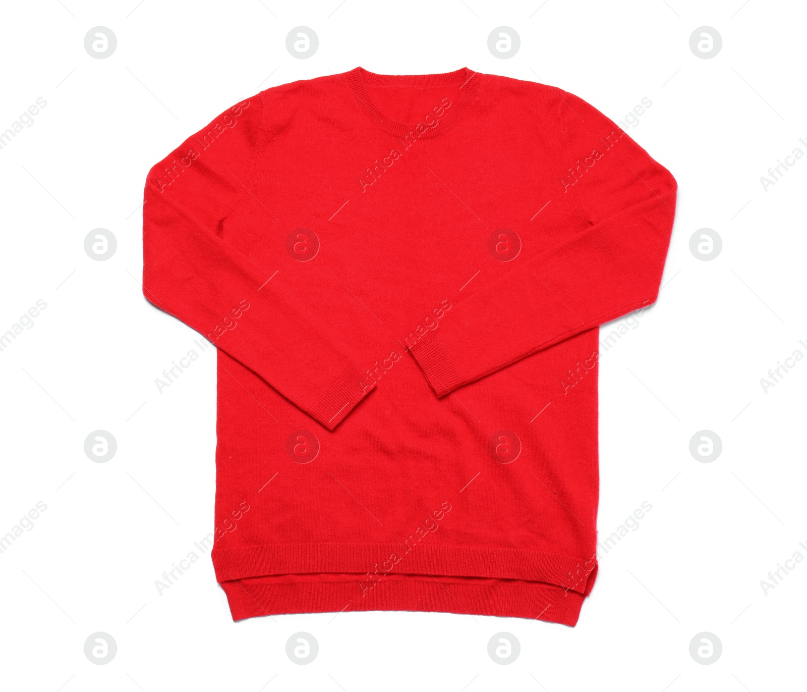 Photo of Red cashmere sweater isolated on white, top view