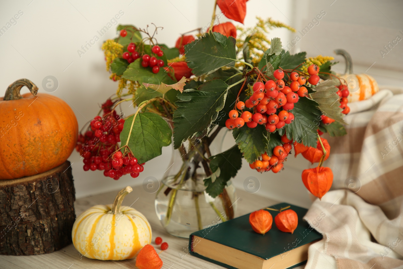 Photo of Beautiful autumn composition with different pumpkins and book indoors