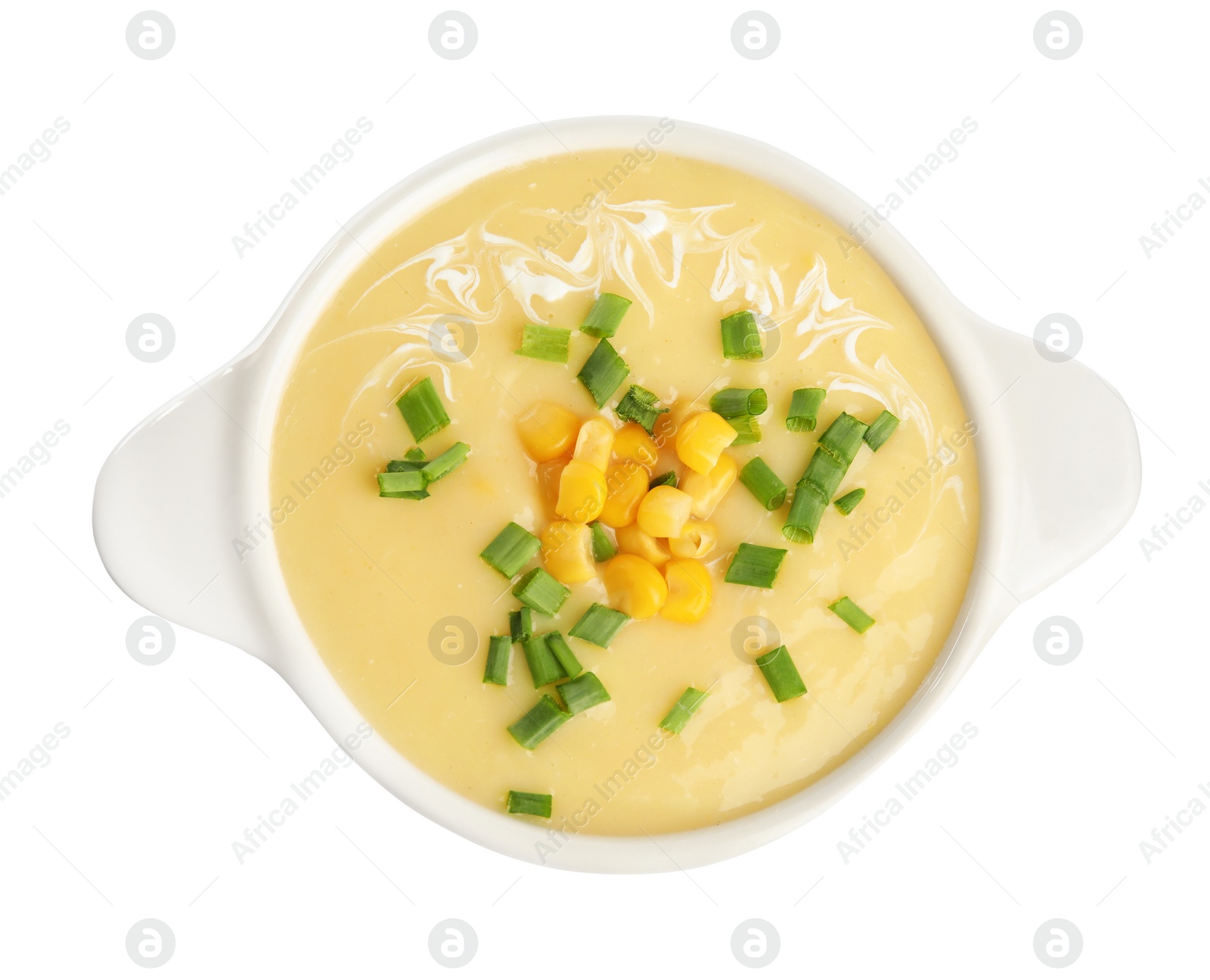 Photo of Delicious corn cream soup isolated on white, top view