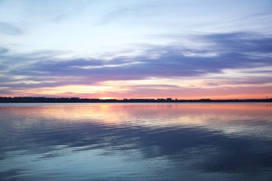 Picturesque view of beautiful river at sunset. Nature healing power