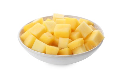 Photo of Tasty mango cubes in ceramic bowl isolated on white