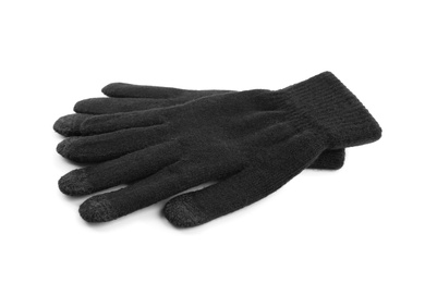 Photo of Black woolen gloves on white background. Winter clothes