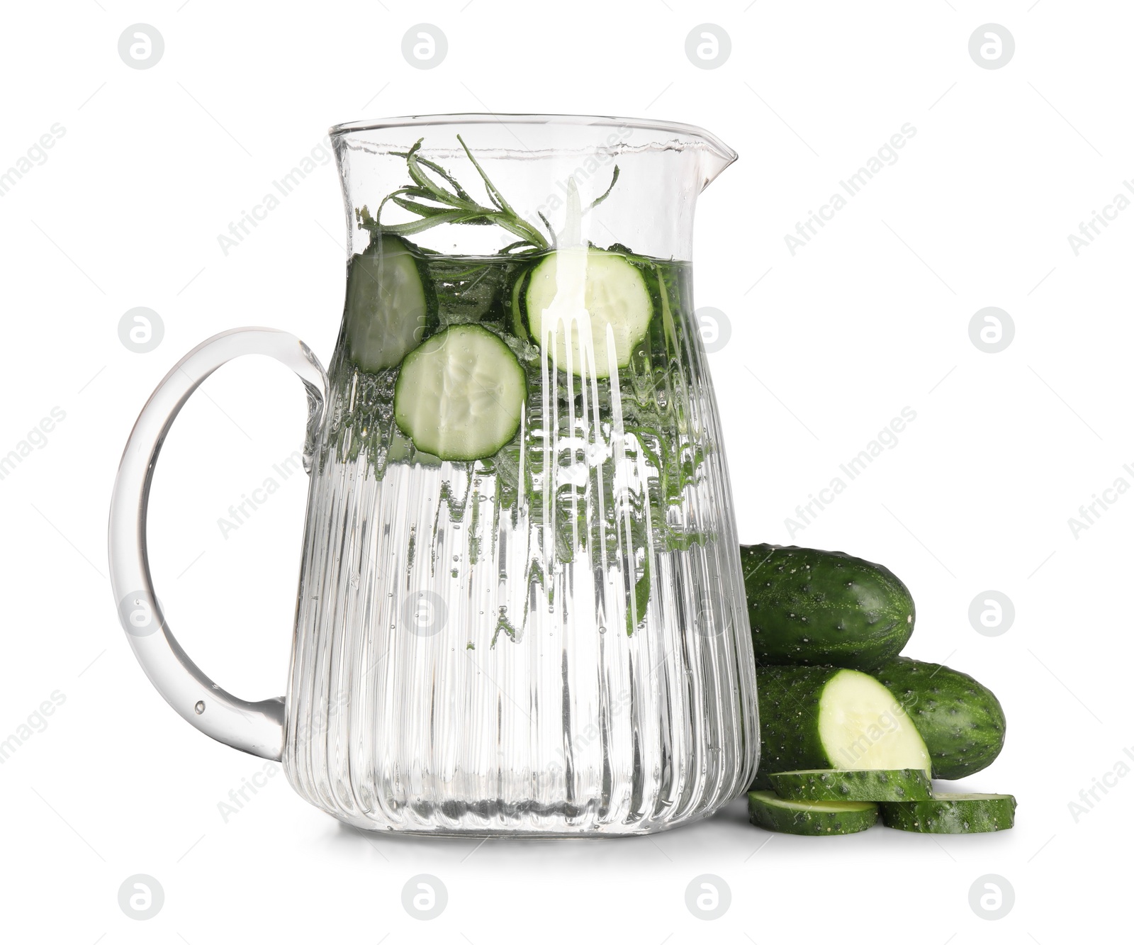 Photo of Refreshing cucumber water with rosemary in jug isolated on white