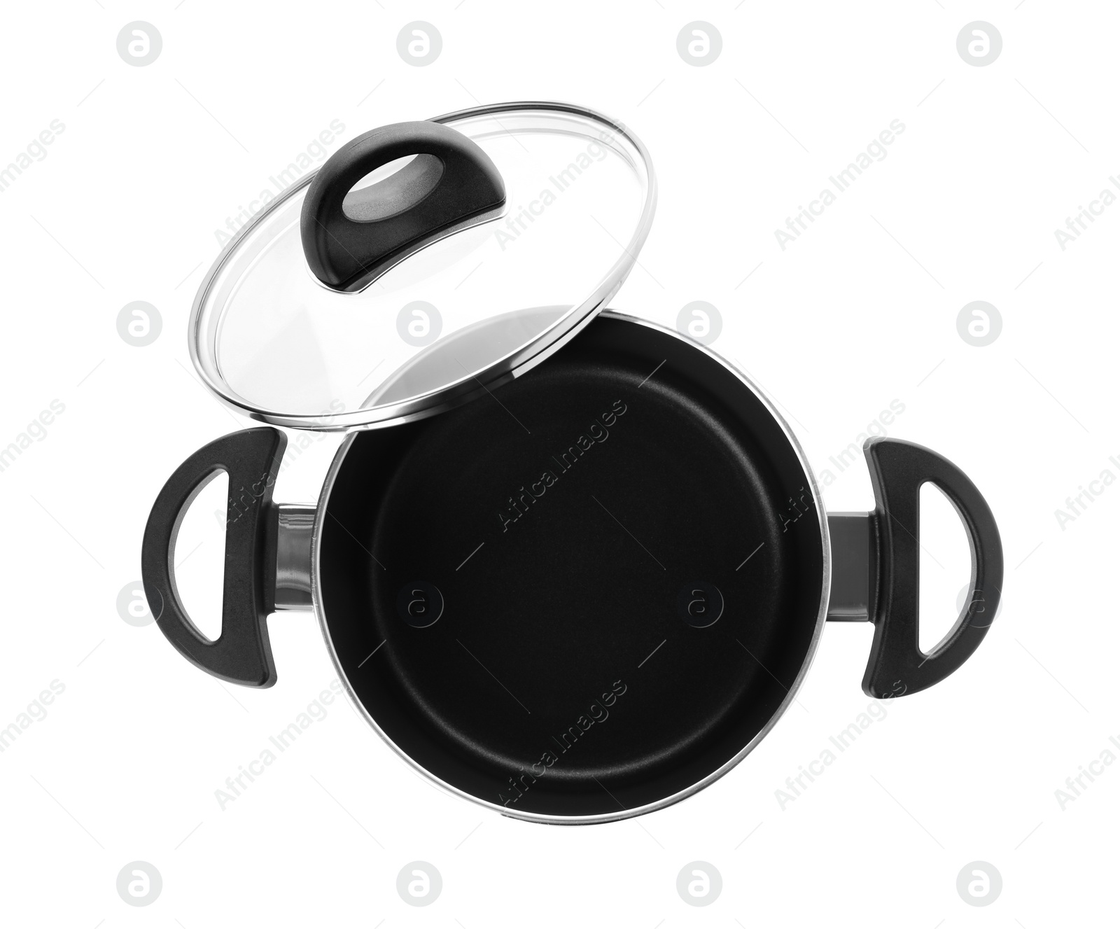 Photo of Modern clean saucepan with lid isolated on white, top view