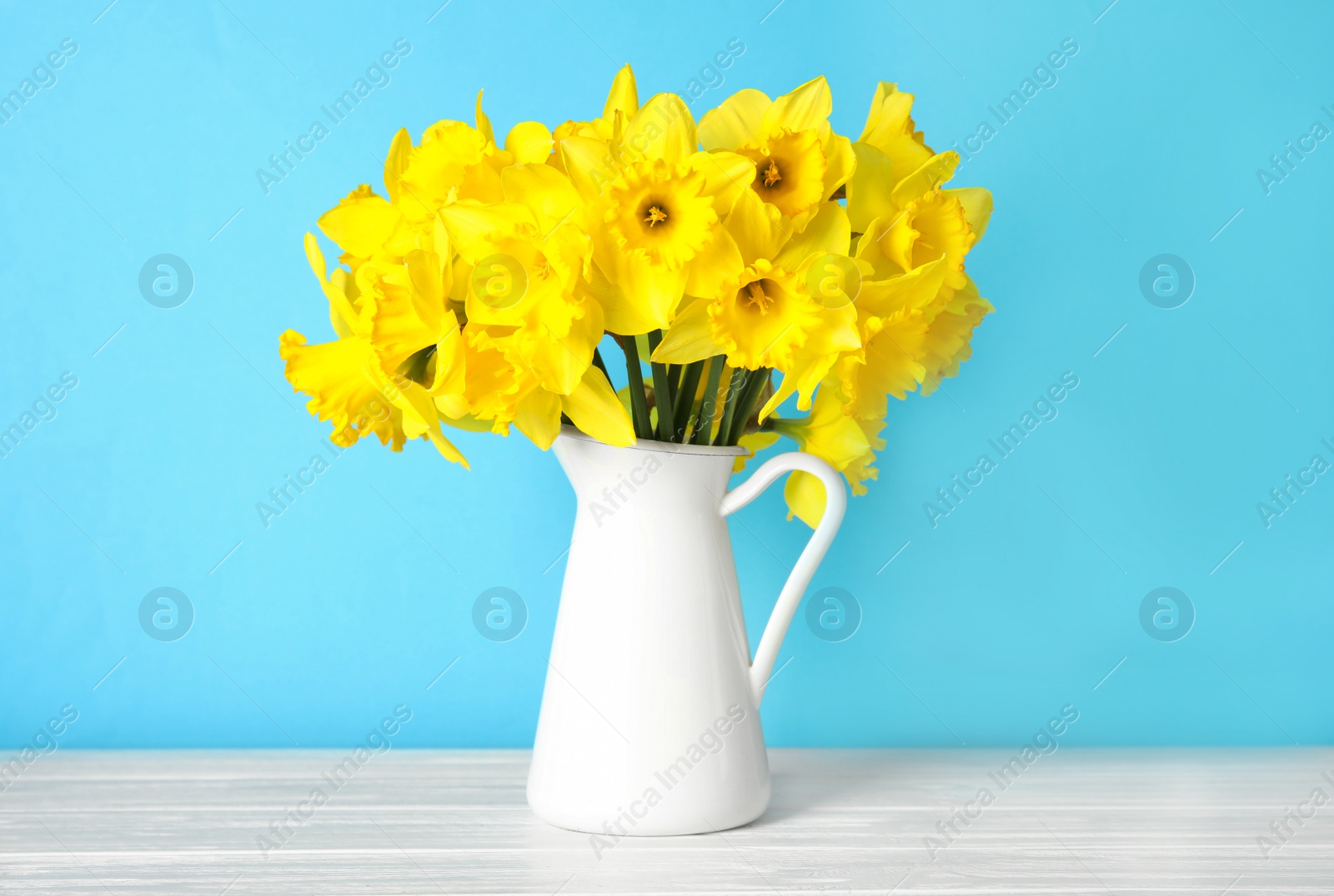 Photo of Bouquet of daffodils in jug on table against color background. Fresh spring flowers