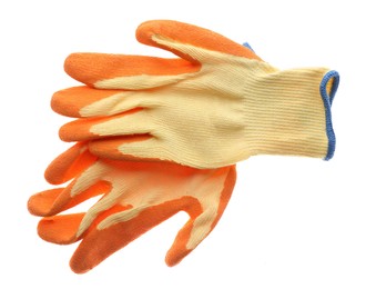 Photo of Pair of gloves on white background, top view. Gardening tool