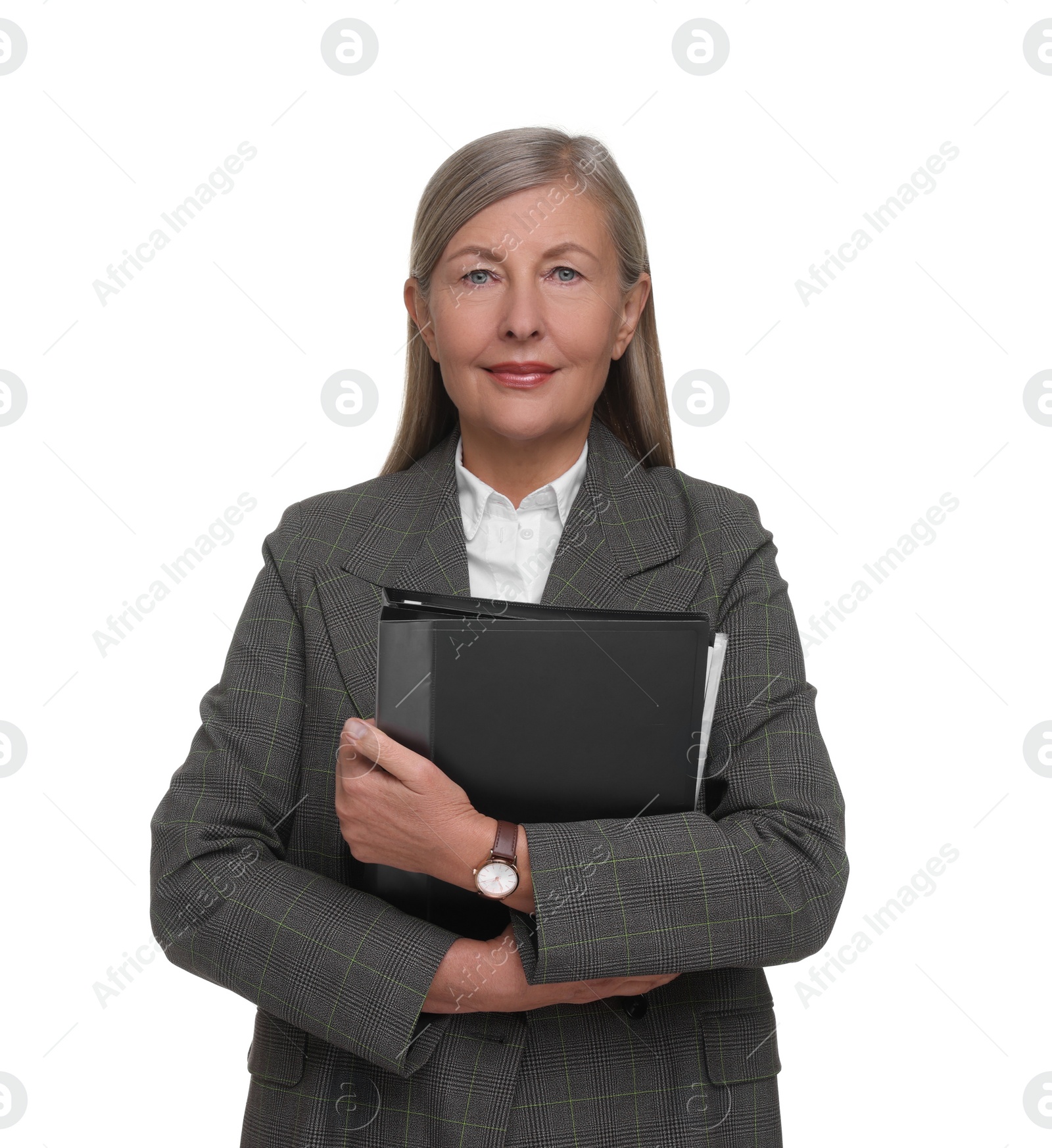 Photo of Portrait of beautiful woman with folder on white background. Lawyer, businesswoman, accountant or manager