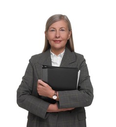 Portrait of beautiful woman with folder on white background. Lawyer, businesswoman, accountant or manager