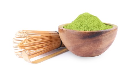 Photo of Bowl of green matcha powder, bamboo spoon and whisk isolated on white