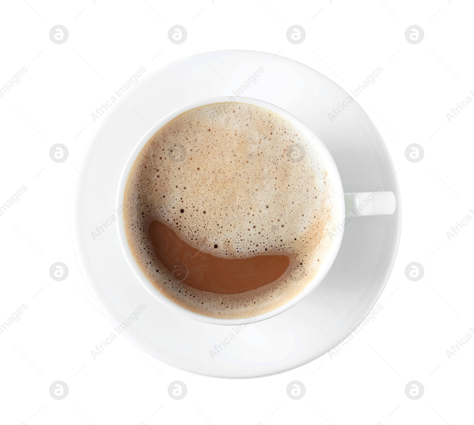 Photo of Cup of tasty coffee isolated on white, top view