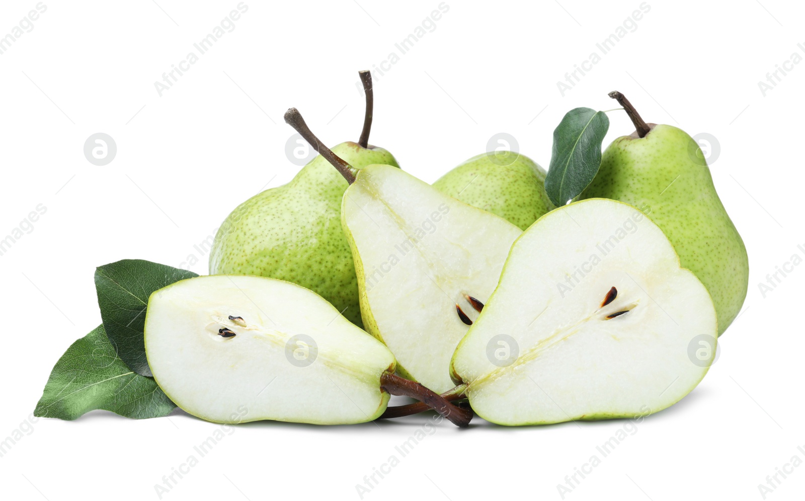 Photo of Whole and cut fresh ripe pears on white background