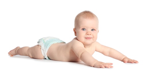 Cute little baby crawling on white background