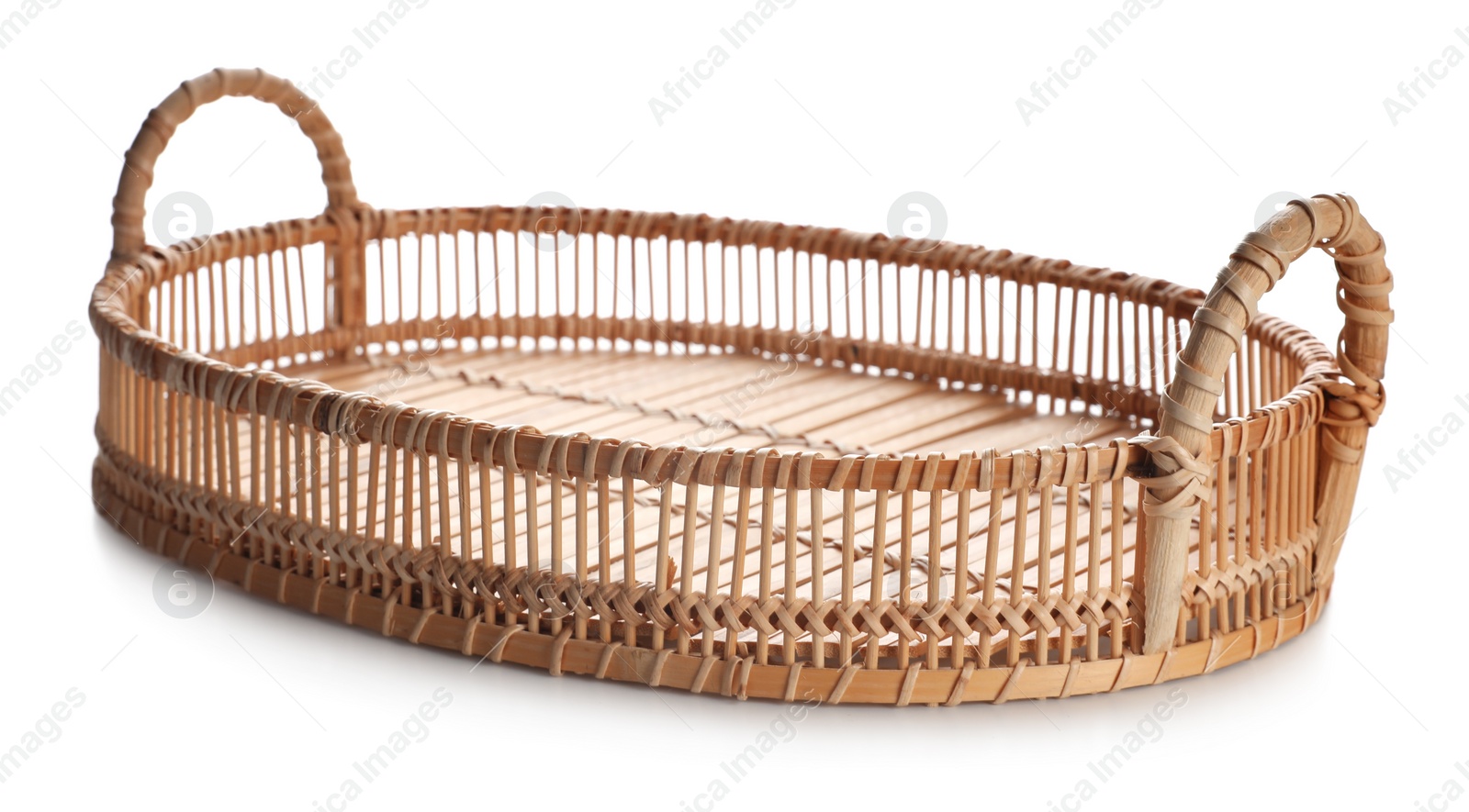 Photo of One empty wicker tray isolated on white