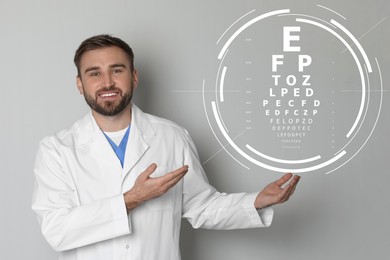Vision test. Ophthalmologist or optometrist pointing at eye chart on light background