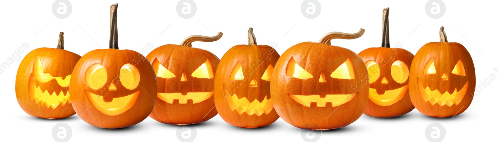 Image of Many pumpkins with carved spooky faces isolated on white, collection. Jack-o-lantern for Halloween