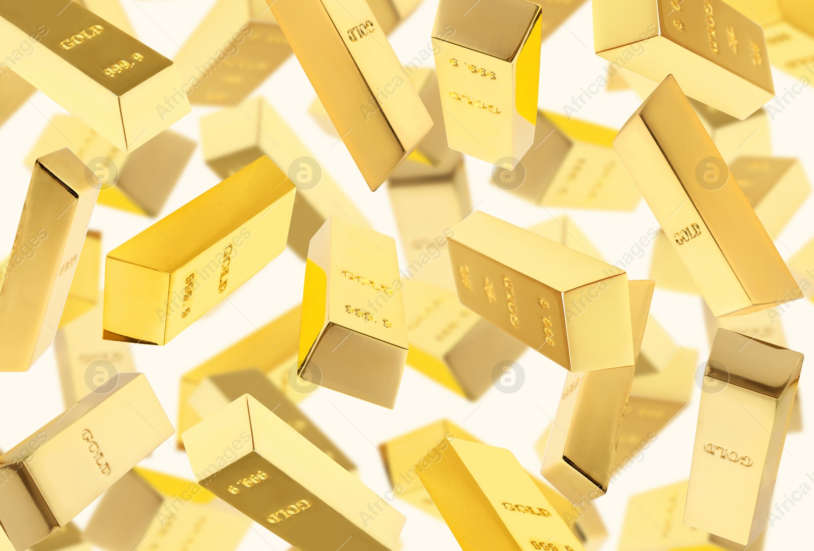 Image of Set of falling gold bars on white background