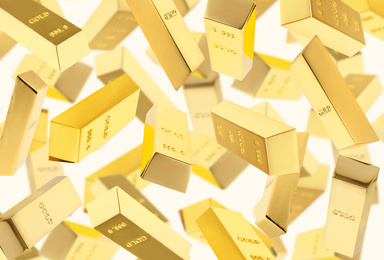 Image of Set of falling gold bars on white background