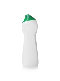 Photo of Bottle with detergent on white background. Cleaning supplies