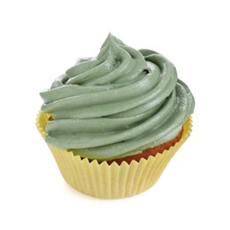 Photo of Delicious cupcake with green cream isolated on white