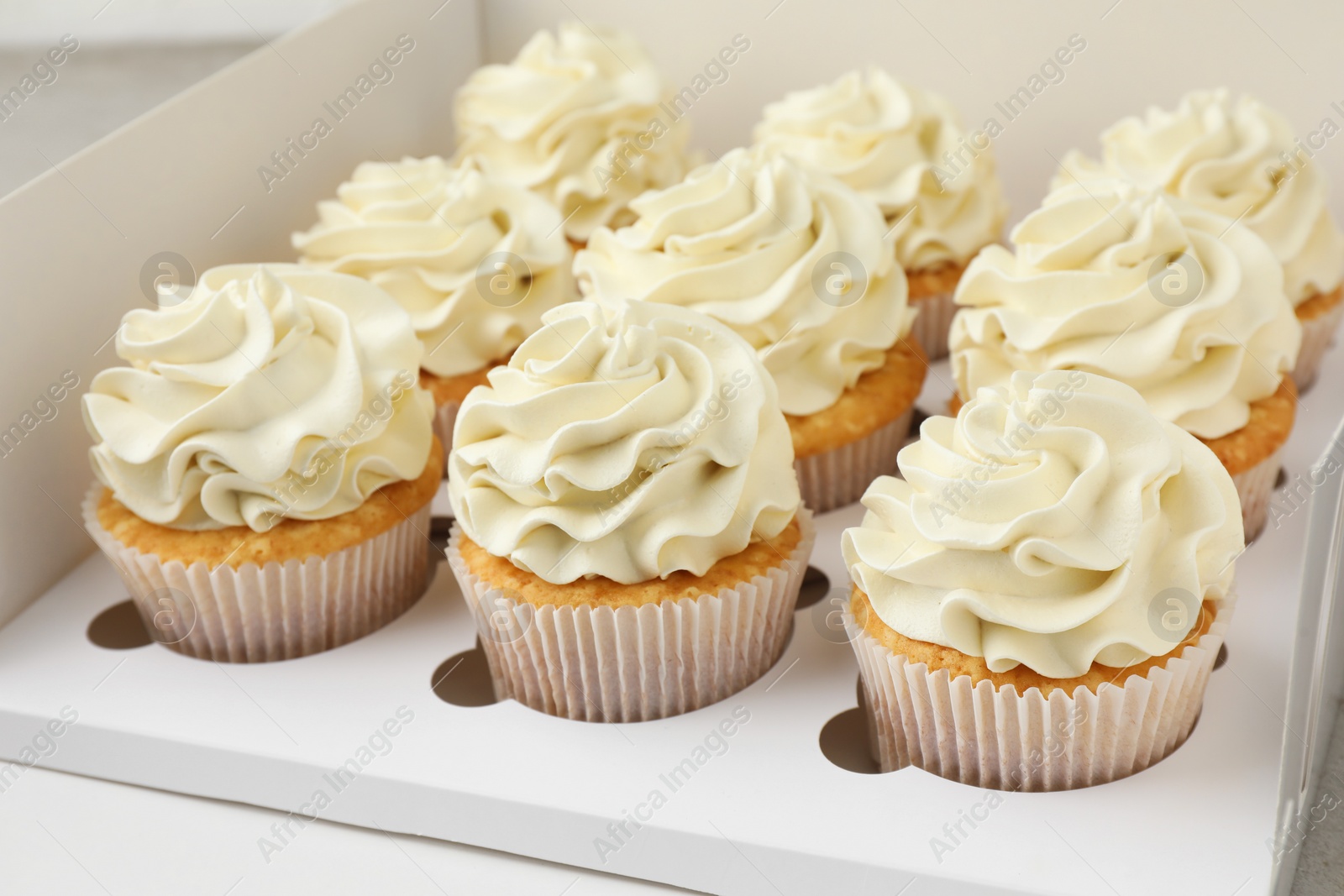 Photo of Tasty cupcakes with vanilla cream in box, closeup