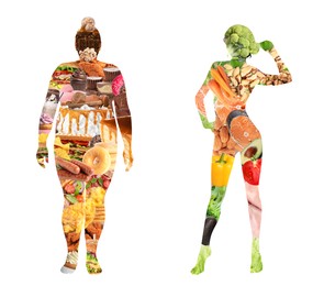 Silhouettes of overweight and slim women filled with unhealthy and healthy food on white background, collage. Illustration