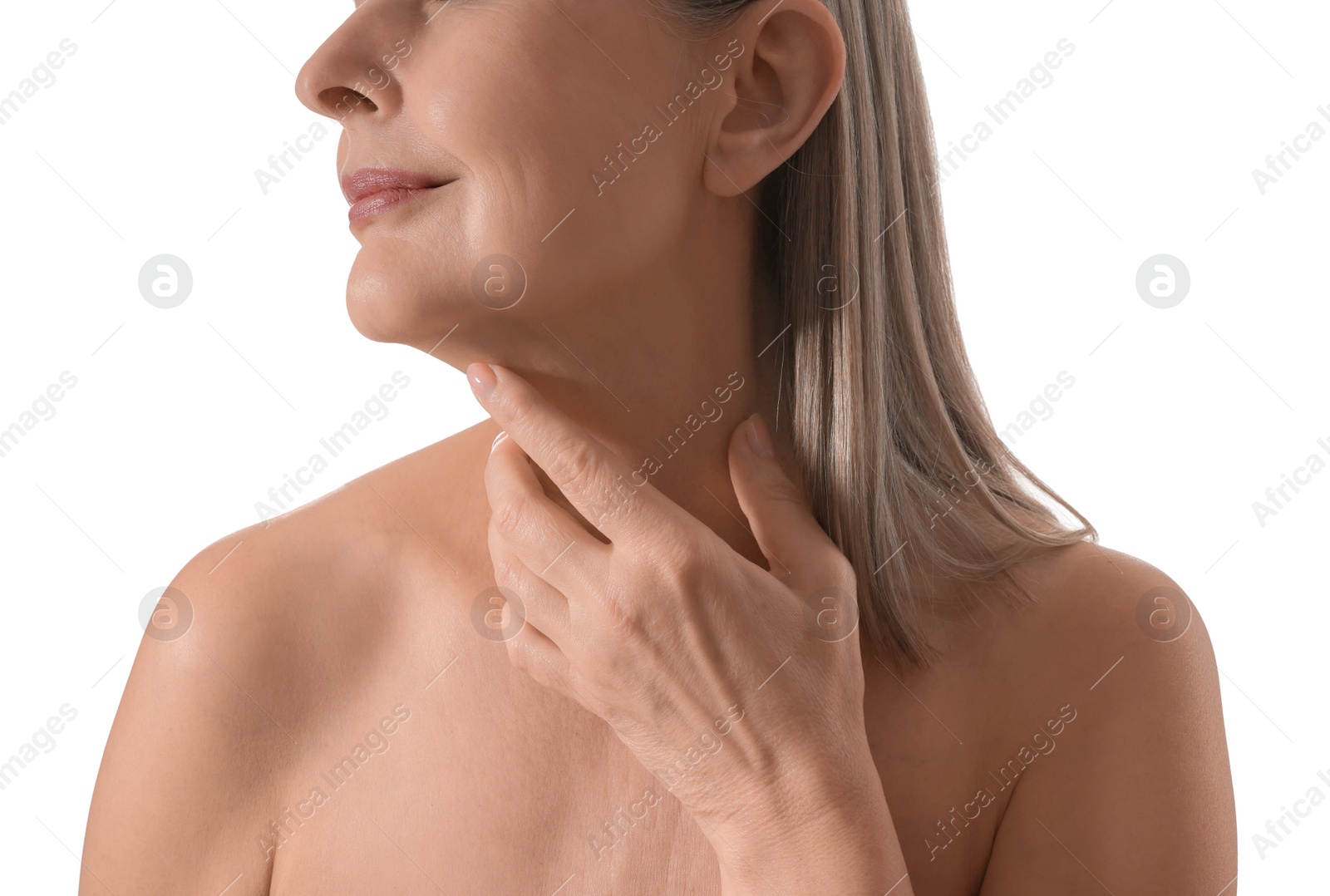 Photo of Mature woman touching her neck on white background, closeup