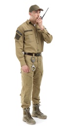 Photo of Male security guard using portable radio transmitter on white background