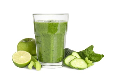Photo of Green juice and fresh ingredients on white background