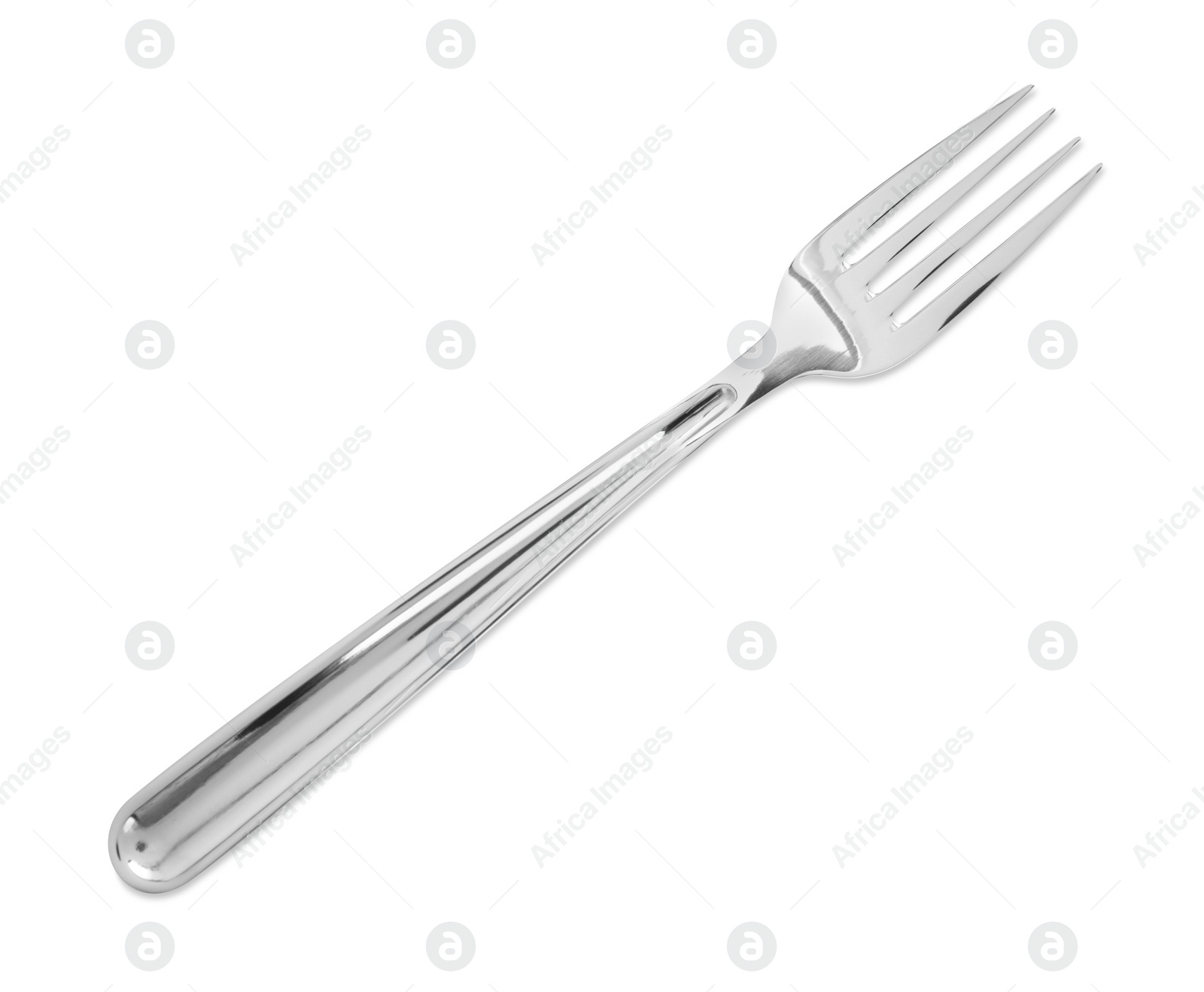 Photo of One shiny metal fork isolated on white, top view