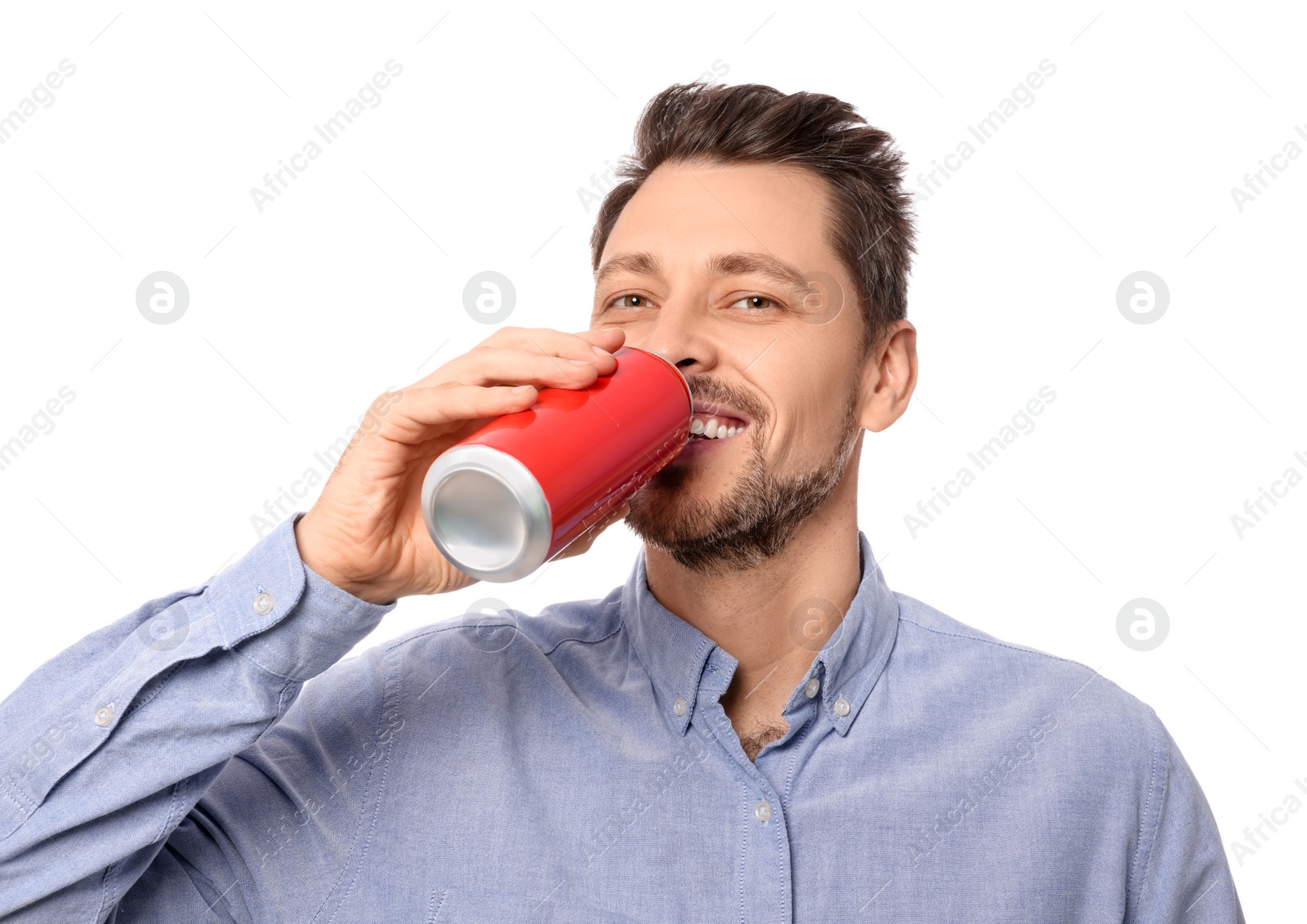 Photo of Happy man drinking from tin can on white background