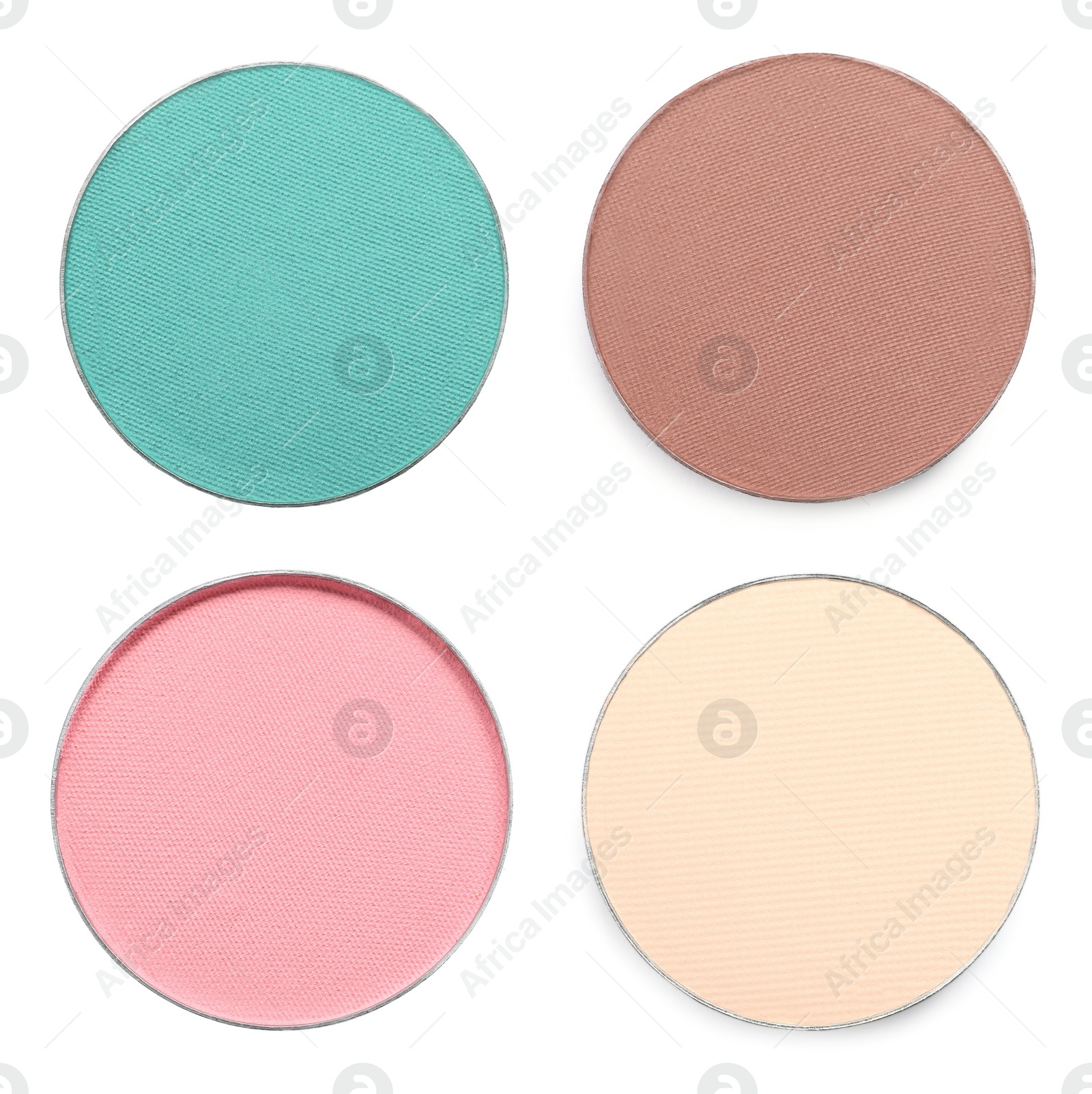 Image of Collage of beautiful different eye shadow refill pans on white background