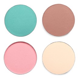 Image of Collage of beautiful different eye shadow refill pans on white background