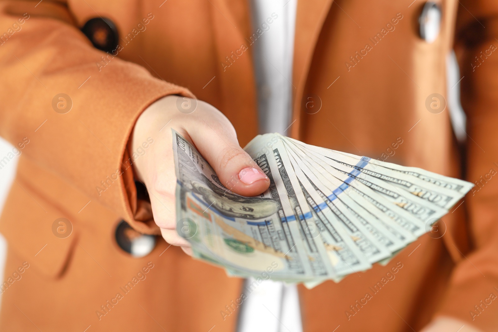 Photo of Woman holding many dollar banknotes, closeup. Money exchange concept
