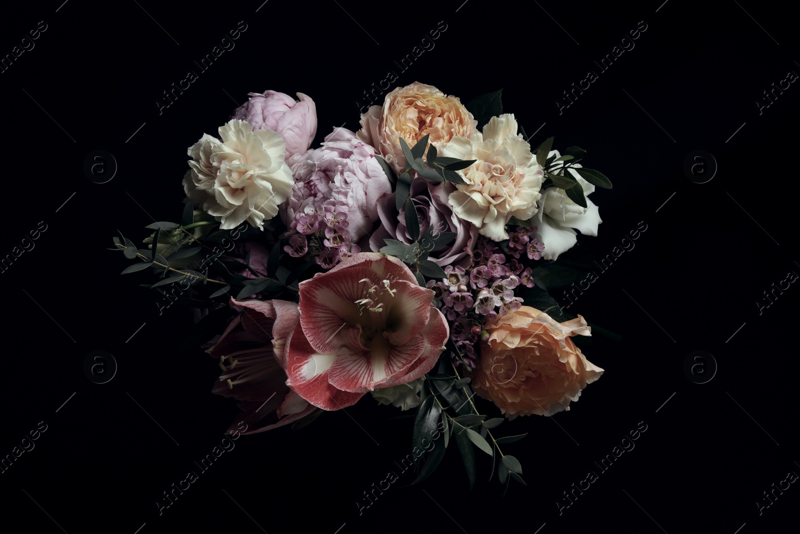 Photo of Beautiful bouquet of different flowers on black background. Floral card design with dark vintage effect