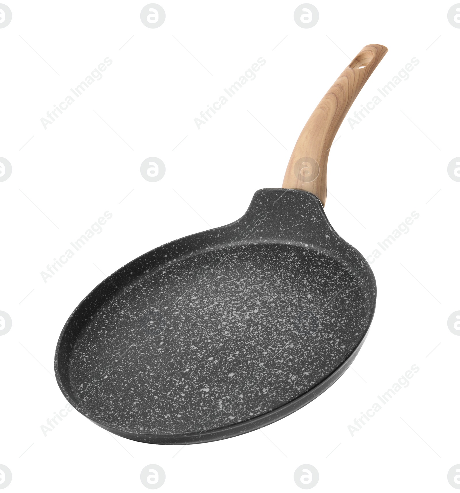 Photo of New pancake pan with wooden handle isolated on white background