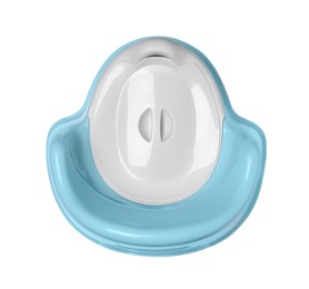 Photo of Light blue baby potty isolated on white, top view. Toilet training