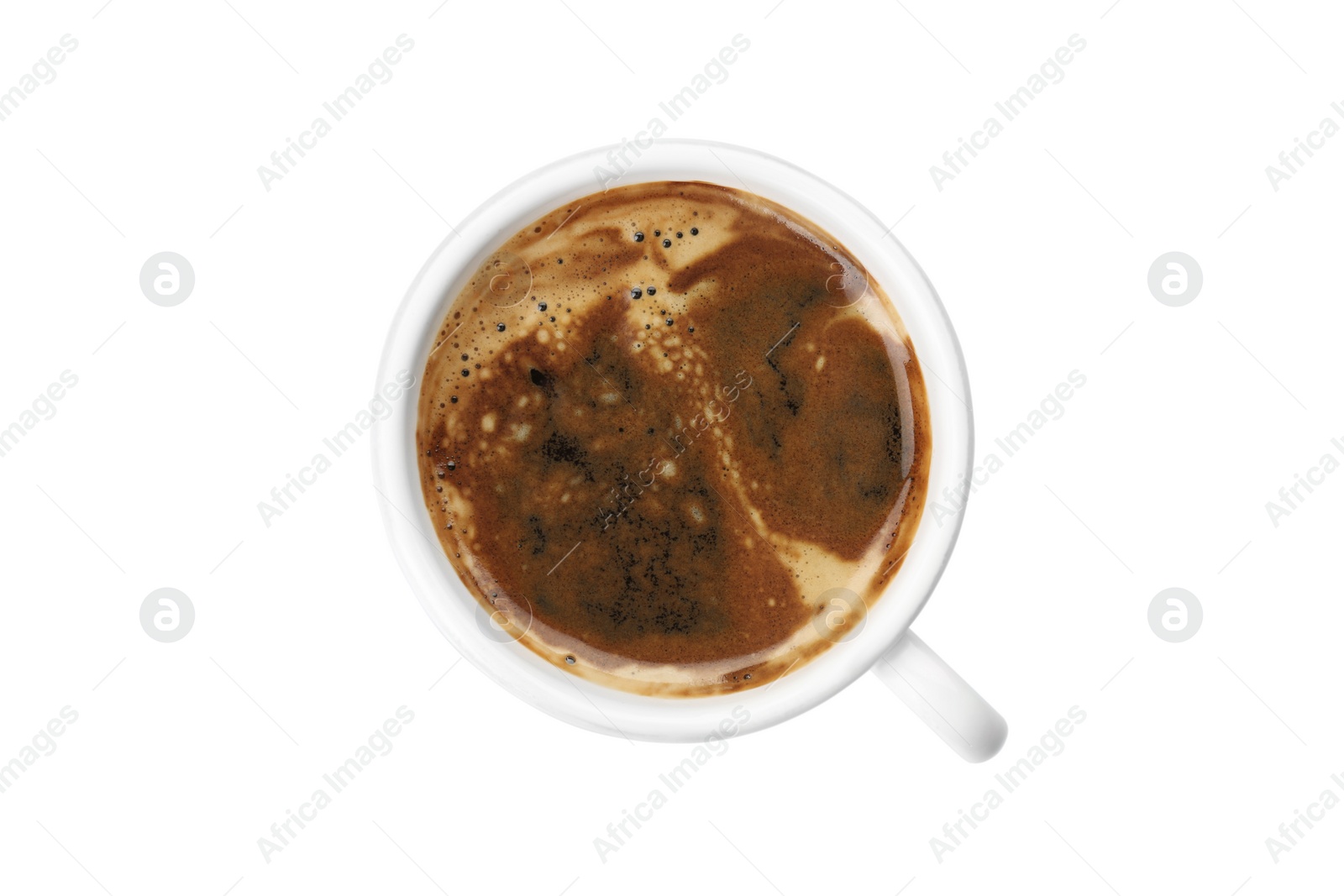 Photo of Cup of aromatic hot coffee on white background, top view