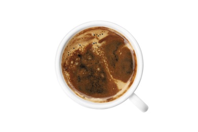 Photo of Cup of aromatic hot coffee on white background, top view