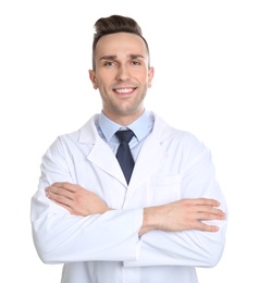 Photo of Portrait of male dentist on white background