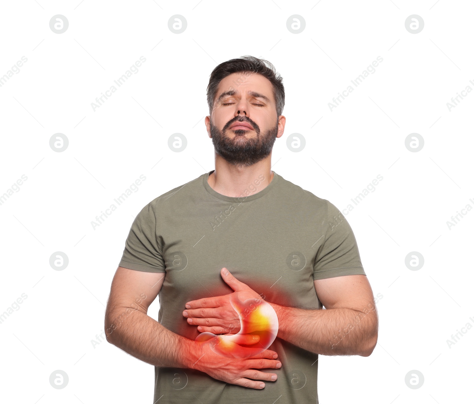 Image of Man suffering from abdominal pain on white background. Illustration of unhealthy stomach