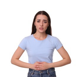 Photo of Woman suffering from abdominal pain on white background. Unhealthy stomach