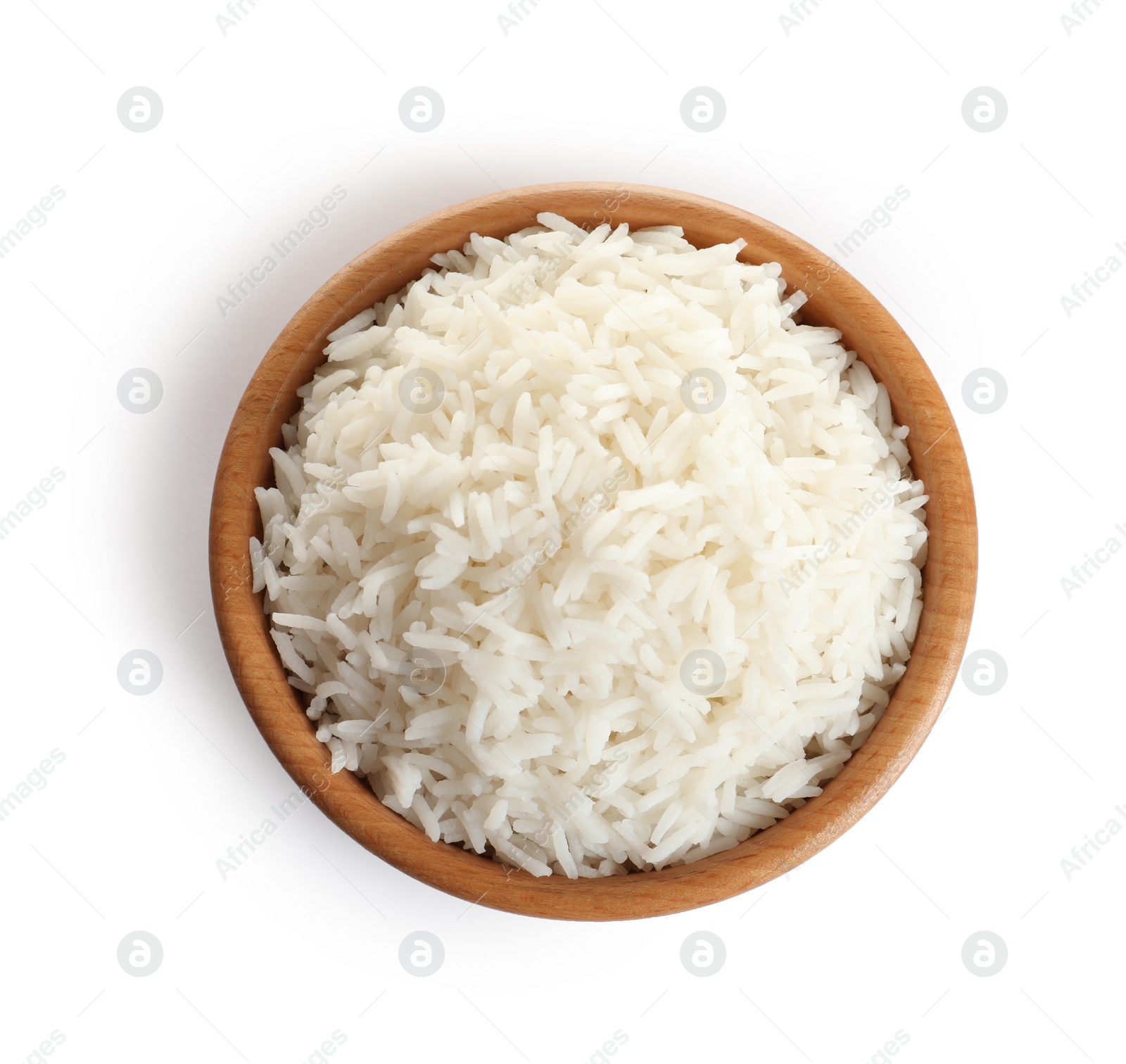 Photo of Bowl of tasty cooked rice on white background, top view