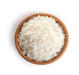 Photo of Bowl of tasty cooked rice on white background, top view