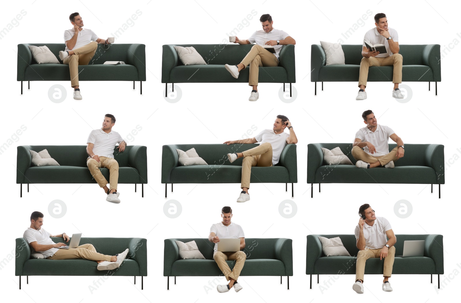 Image of Collage with photos of man sitting on stylish sofa against white background