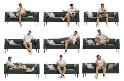 Image of Collage with photos of man sitting on stylish sofa against white background
