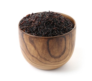 Photo of Bowl with uncooked black rice on white background