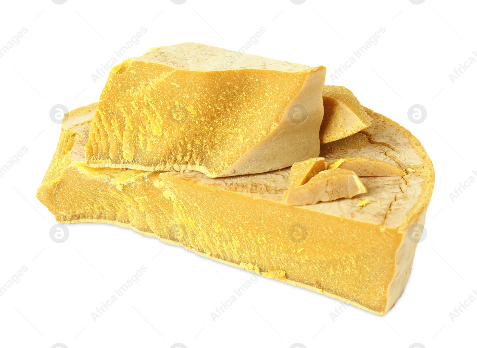 Photo of Natural organic beeswax blocks isolated on white