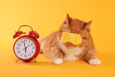 Photo of Cute ginger cat with sleep mask and alarm clock on orange background